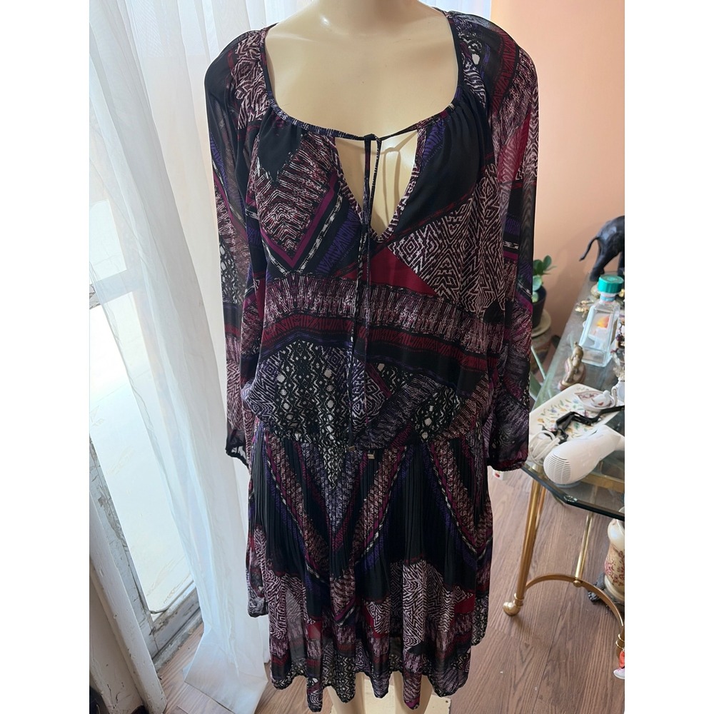 Melissa Paige Geometric Tribal Print Pleated Chiffon Mini Dress Purple Black L